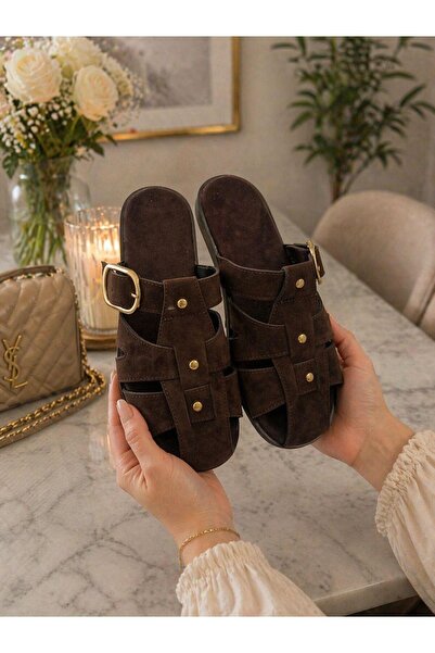 FEMME FATALE Gold Buckle Accessory-Detail Suede Comfortable Sole Slippers
