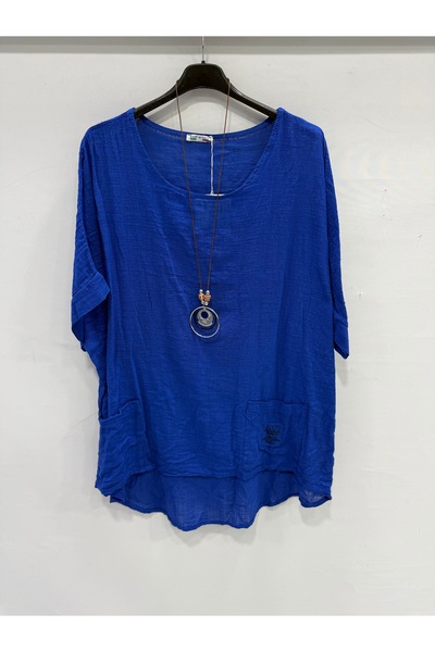 della moor Saks Blue Italian Plus Size Asymmetrical Cut Long Blouse Tunic wit...