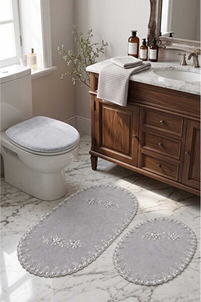 Bonny Home Gray 3-Piece French Lace Luxury Bath Mat Set with Non-Slip Base, D...