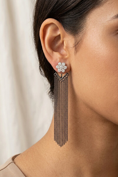 PETEK AKSESUAR Long Black Chain Flower Ghost Earrings 9 Cm.