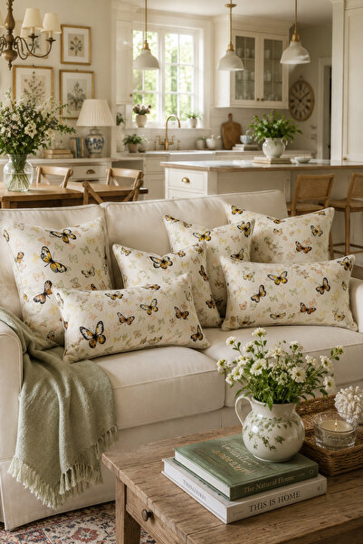 KIRLENT TEKSTİL Botanika Series Butterfly Duck Fabric Throw Pillow Cover