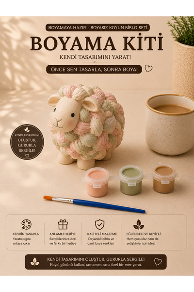 matheon Koyun Biblo Boyama Kiti – 3 Renk Boya ve Fırçalı Dekoratif DIY Hobi Seti