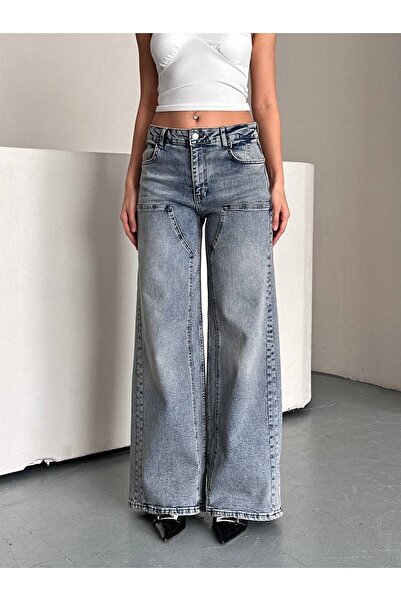 ZDN JEANS Kadın Gri Yıkamalı Ultra Wide Leg Palazzo Jean Pantolon
