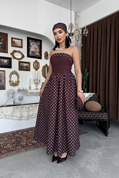 Caddebostan Moda Polka Dot Patterned Strapless Tie-Up Midi Dress and Bandana Set