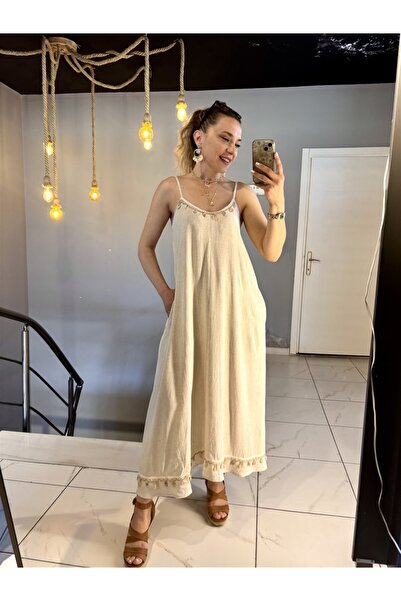 Gözde Tasarım Butik Women's Natural Beige Color Maxi Long Linen Dress with Co...