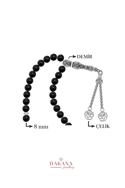 DAKANA JEWELLERY Certified 8 mm Onyx Stone Lotus Flower Steel Tassel Natural Stone Prayer Beads