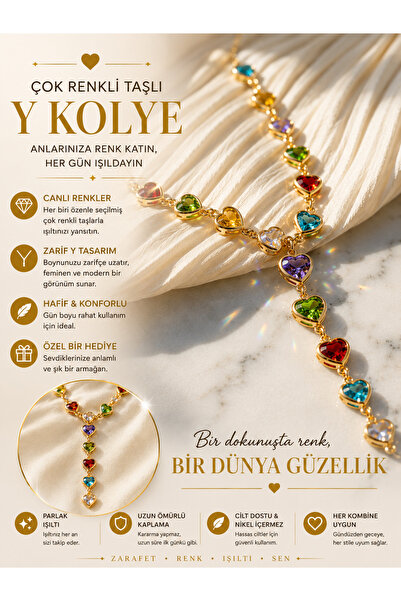 Niormiagifts Y Model Women's Necklace with Heart Stone, Gold Color Colorful Z...