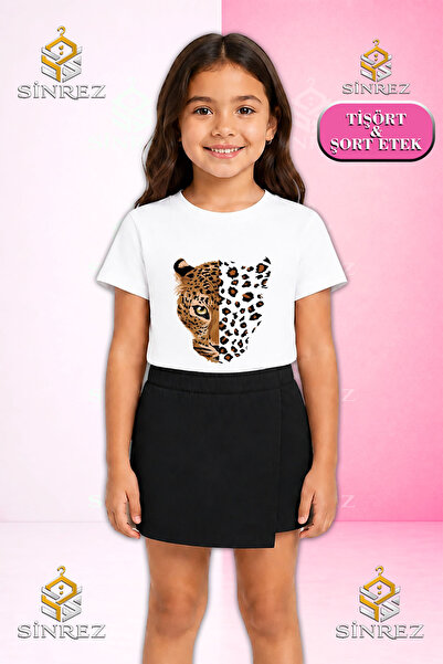 SİNREZ Set pentru fete LEOPARD HEAD LARGE Tricou cu mânecă scurtă imprimat Fu...