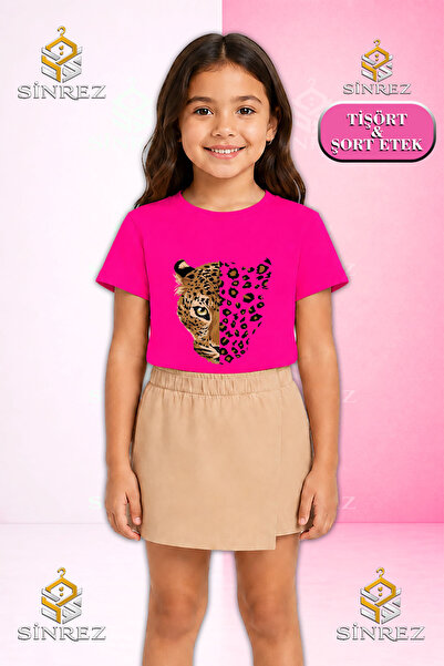 SİNREZ Set pentru fete LEOPARD HEAD LARGE Tricou cu mânecă scurtă imprimat Fu...