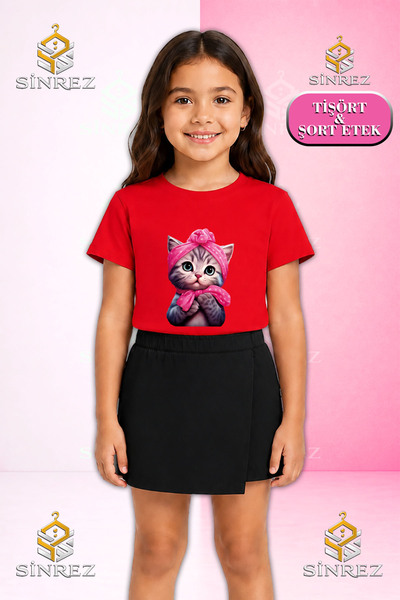 SİNREZ Set pentru fete SEKER KEDI YARIM PEMBE KRDL Tricou cu mânecă scurtă im...