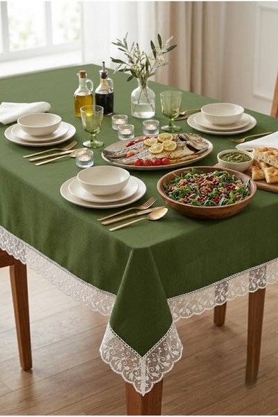 Rona Home Каки покривка за маса с дантела, стилна покривка за маса за хол и к...