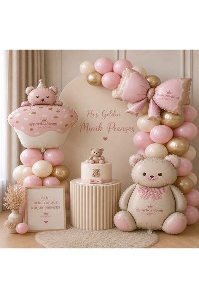 PARTİ AŞKI Pembe Fiyonk Kız Çocuk Sevimli Ayıcık Balon Seti -Hastane Odası &B...
