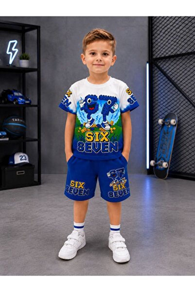 Mine style Erkek Çocuk Şortlu Pijama Six Seven Baskılı Mavi Takım