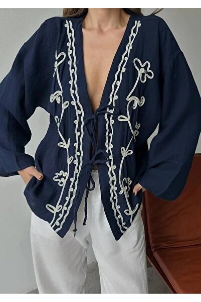 OWERALL Kadın Nakış İşlemeli Bağlamalı Müslin Kimono Gömlek