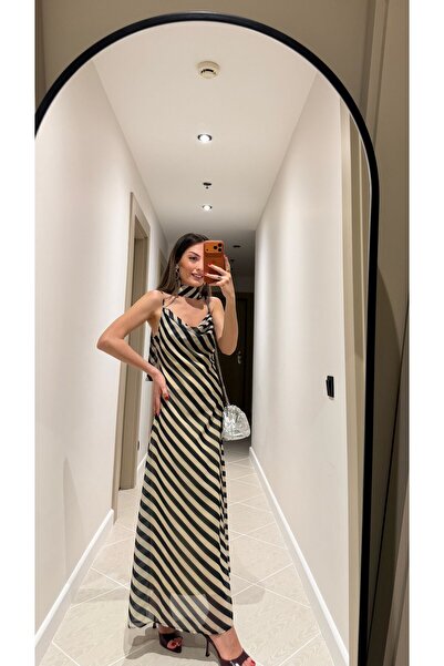Duya Butik SİYAH-KREM ÇİZGİLİ UZUN ELBİSE