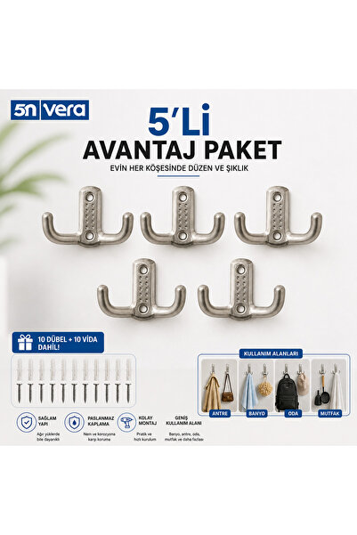5NVERA 5’li Metal Askılık | Çiftli Askı Aparatı | Vida ve Dübel Dahil | Duvar...