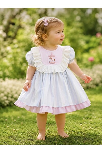 1Baby1Cat Kız Bebek Pastel Çizgili Atlıkarınca Detaylı Tasarım Elbise