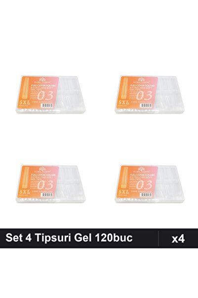 global fashion Set 4 Tipsuri Gel 120buc, 12 Mărimi, Extra-Lung 5XL Pătrat Nr. 03
