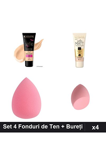 Eveline Set 4 Fonturi de Ten Cosmetics, Nuante Porcelain Beige, 2x30ml + 2 Bu...
