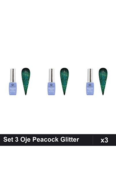 Makeup Set 3 Oje Semipermanente Peacock Glitter 8ml, Manichiura UV/LED Profes...