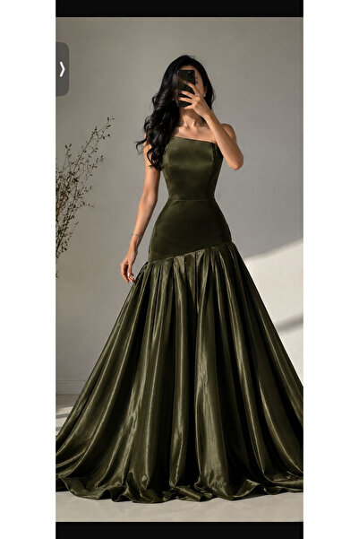 Areejstyle Olive Green Velvet and Taffeta Evening Gown.