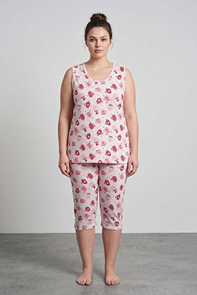 Fulla Moda Heart and Cup Patterned Large Size Sleeveless Capri Pajama Set