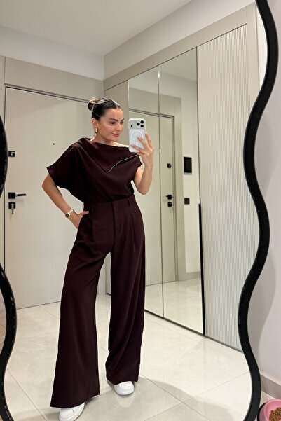 Gizem Ecemiş Islana Bordo Fermuar Detaylı Bluz Palazzo Pantolon Takım