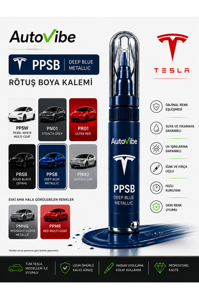 AutoVibe Tesla Rötuş Boya Kalemi PPSB Deep Blue Metallic Derin Mavi 2’si 1 Ar...