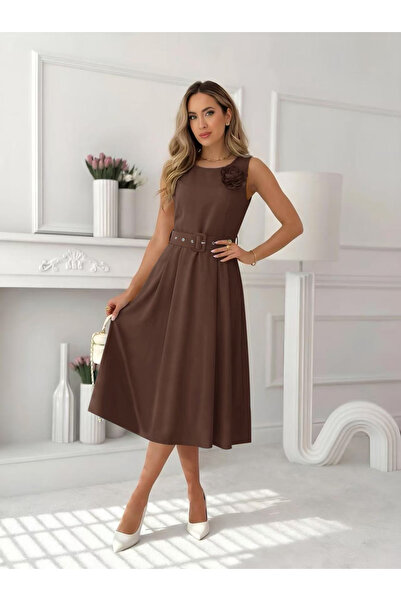 OEM Rochie midi eleganta dama fara maneci cu floare decorativa si curea in ta...