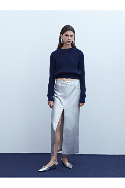 LC Waikiki Nevavm Women's Standard Fit Plain Metallic Skirt with a Difference