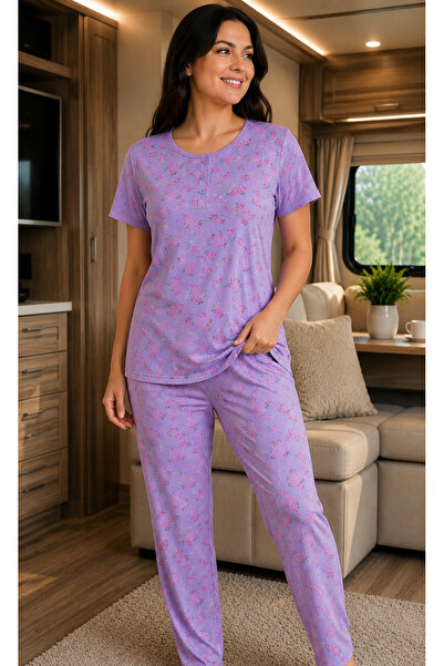 BALİS PİJAMA Women's Oversized Regular Size Bamboo Pajama Set Floral and Spec...