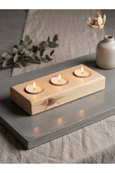 mutoz Doğal Masif Çam Ağacı 3'lü Tealight Mumluk - El Yapımı Dekoratif Ahşap ...