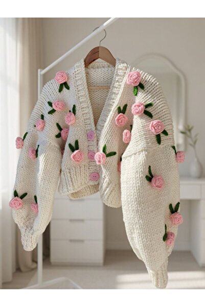 ORGANICMIRA Kadın Güllü Pembe Crop Oversize Hırka Gelin Ceketi Chunky Hediye ...