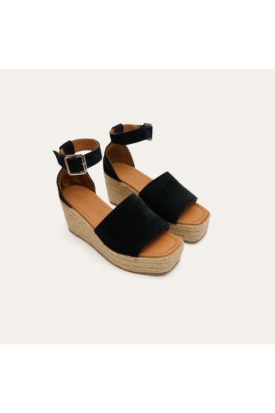 Mudo Women's Black Ankle Buckle Wedge Heel Shoes