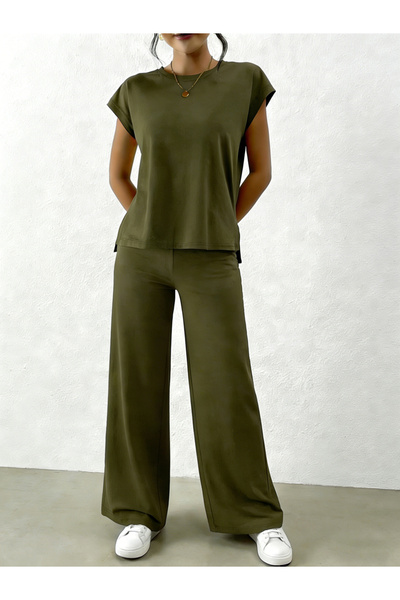 Take Two By Styli Olive Solid Round Neck Top and Wide Leg Pants Co-Ords