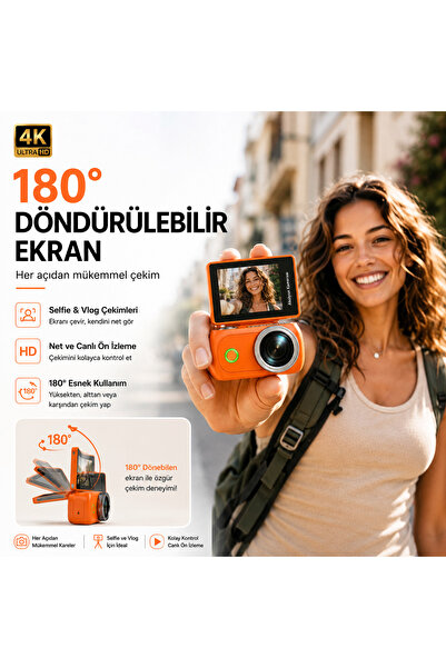 TARÇIN Viora 4K Aksiyon Kamerası Mini 180° Döner Ekran WiFi App Geniş Açı Taş...