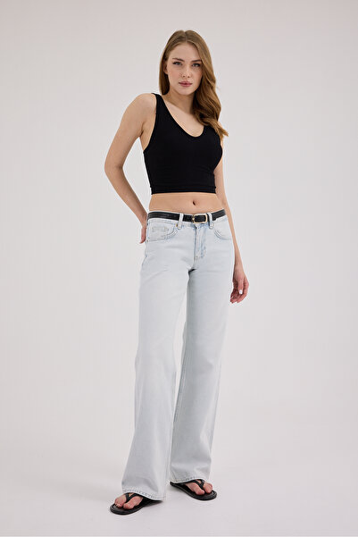cracpot Kadın Açık Mavi Low Waist Wide Leg Jean Pantolon – %100 Cotton Uzun B...