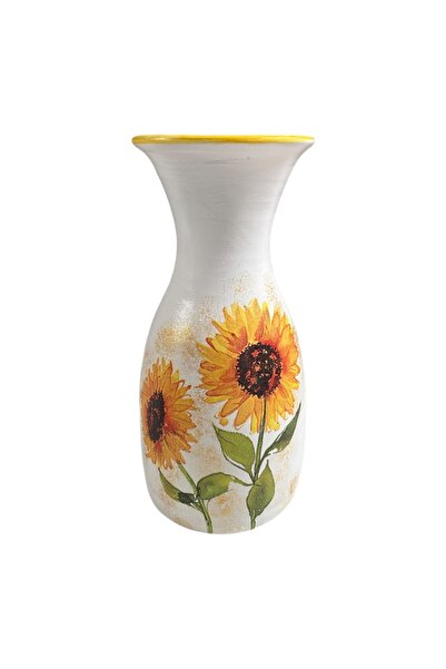 Ceramica Martinescu White ceramic vase, hand-painted with sunflowers, 25 cm, ...