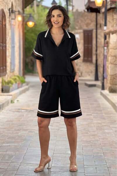 Nevin Kaya Moda Black Striped Shorts Blouse Cotton Double Set