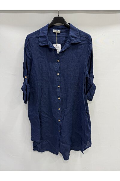 della moor Navy Blue Italian Folded Long Sleeve Linen Tunic Shirt Dress 38 - ...