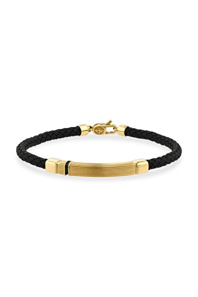 Cenova Jewelry 14 Ayar Altın Bar Detaylı Siyah Örme Kordonlu Erkek Bileklik