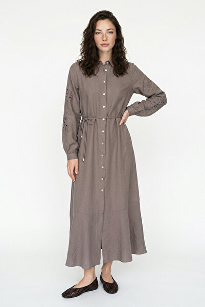 Zühre Shirt Collar Belted Patterned Brown Dress 0560
