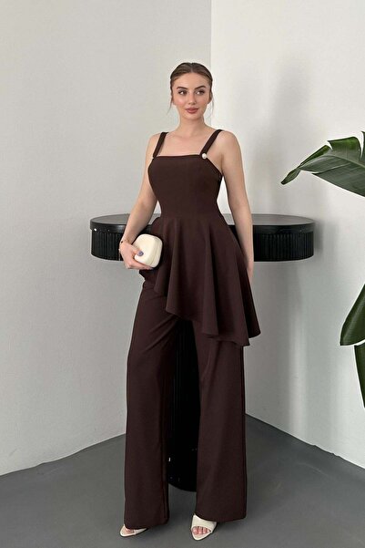 Elbee Fashion Woman طقم بلوزة وبنطلون بني اللون