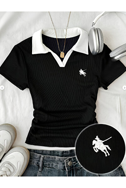 Minga London Bluză cu guler polo și broderie - Negru