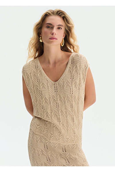 Knitss Special Knit Detailed V-Neck Beige Knitwear Top