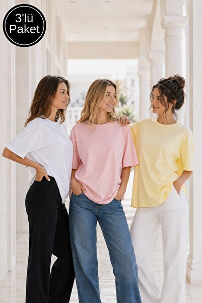 The Champ Clothing Women's 3-Piece Oversize T-Shirt Set White Pink Yellow – C...