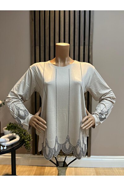 AKMAVİ Women's Middle Age and Above Nile Patterned Stoned Laser Cut Mother Co...