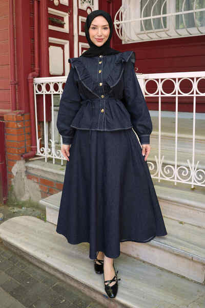 İmajButik Navy Blue Ruffle Detailed Shirt and Skirt Denim Set