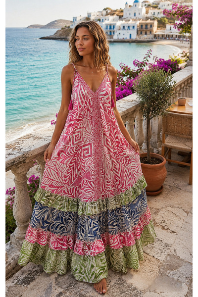 laviyonsa Geometric Ethnic Pattern Silk Backless Color Dress