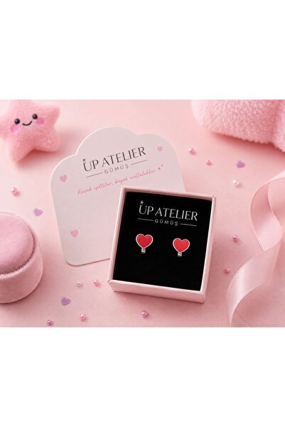 Up Atelier 925 Ayar Gümüş Çocuk Küpesi Kırmızı Kalp Model